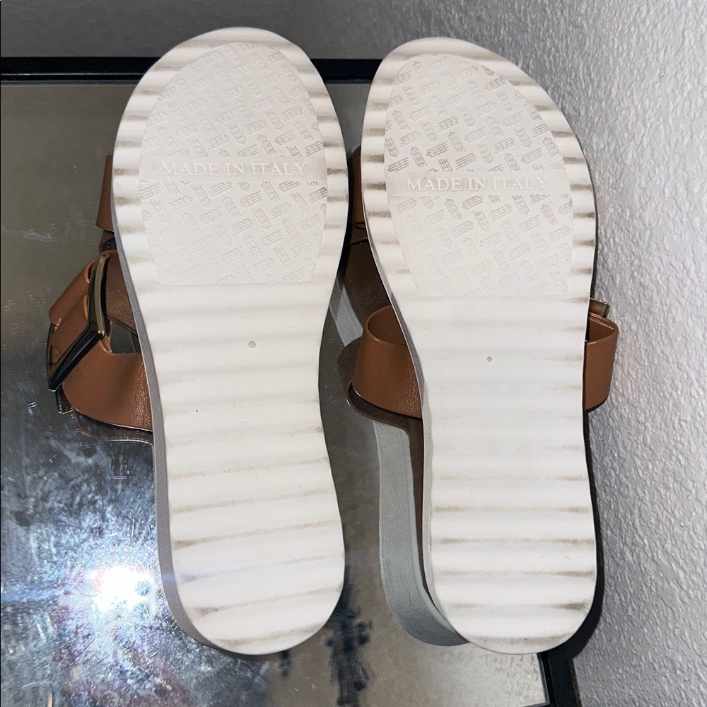 Italian Shoemakers Tan Slide Sandals with Gold Buckle - Picture 5 of 5